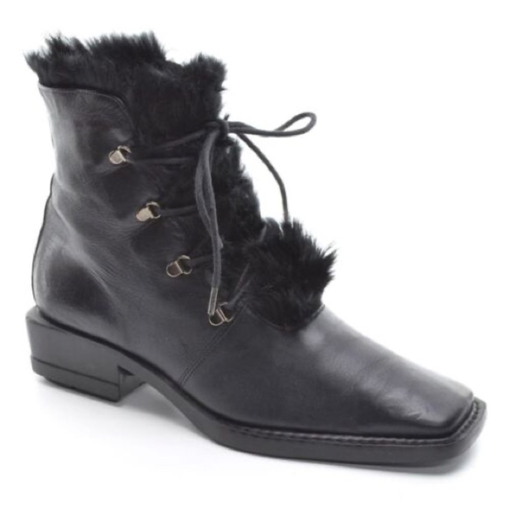 Stuart Weitzman Black Leather Fur Trim Lace Up Square Toe Combat Ankle Boots